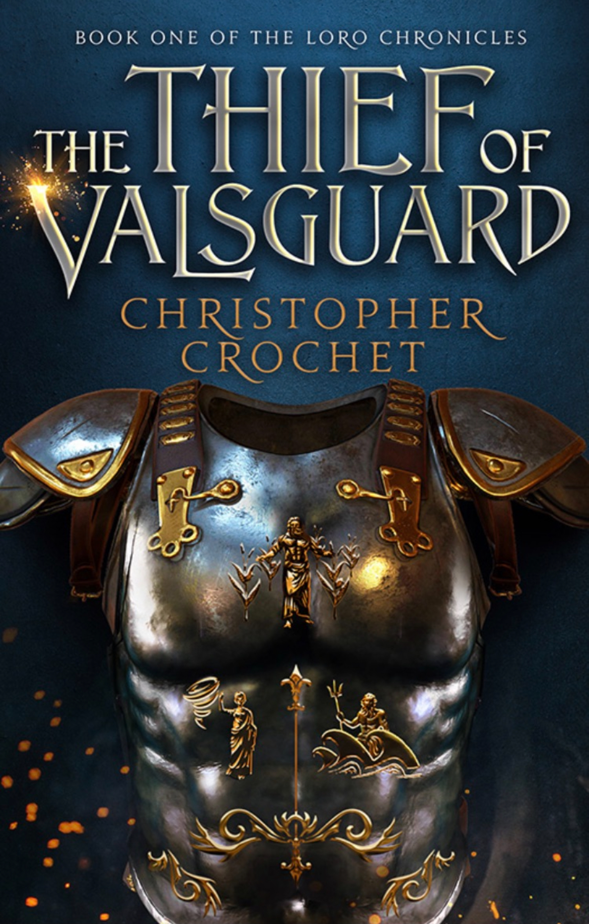 The Thief of Valsguard book cover — ornate gilded plate armor engraved with the gods of Loro, Book One of The Loro Chronicles